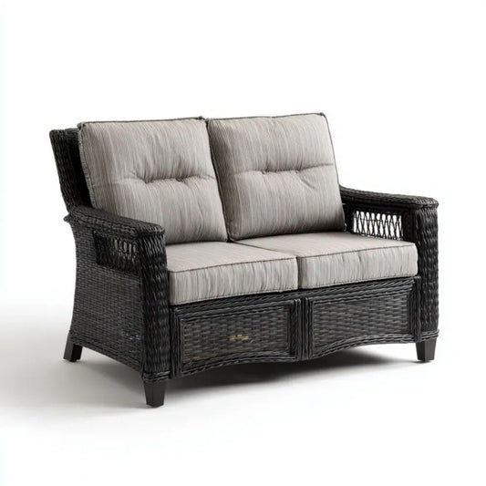 Dwuosobowa sofa ogrodowa z technorattanu czarna z szarymi poduszkami, 130 x 75 x 85 cm