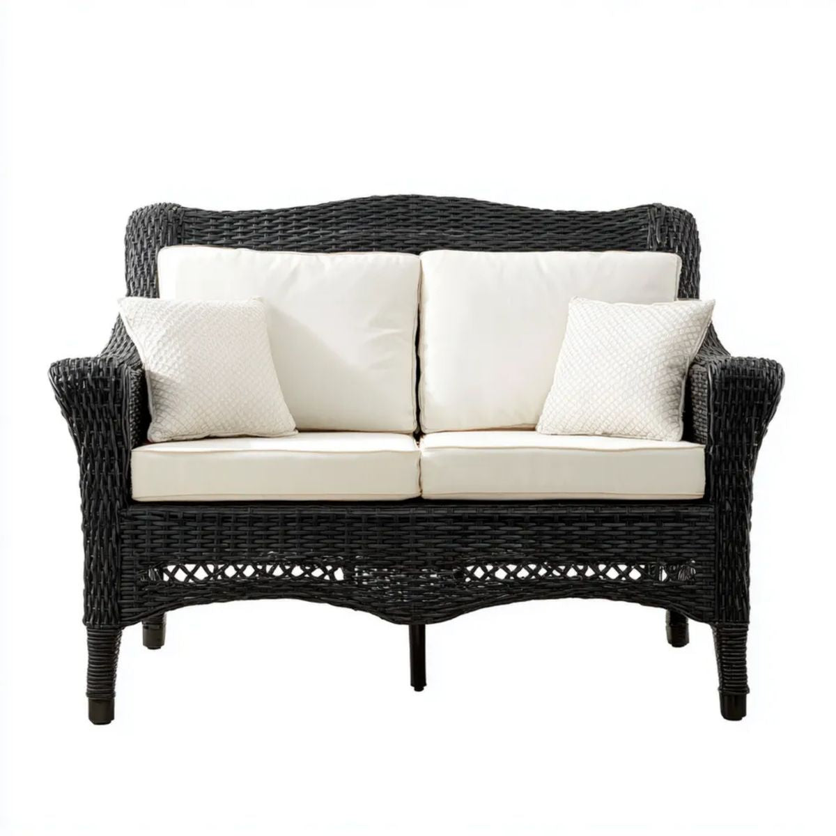 Dwuosobowa sofa ogrodowa z technorattanu czarna z kremowymi poduszkami, 130 × 75 × 90 cm