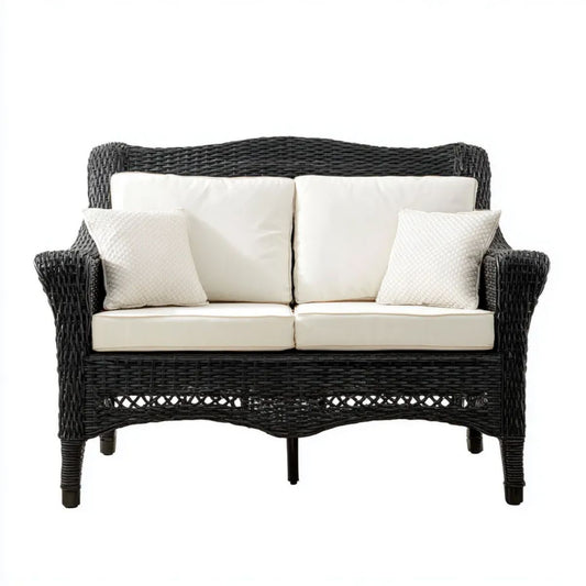 Dwuosobowa sofa ogrodowa z technorattanu czarna z kremowymi poduszkami, 130 × 75 × 90 cm