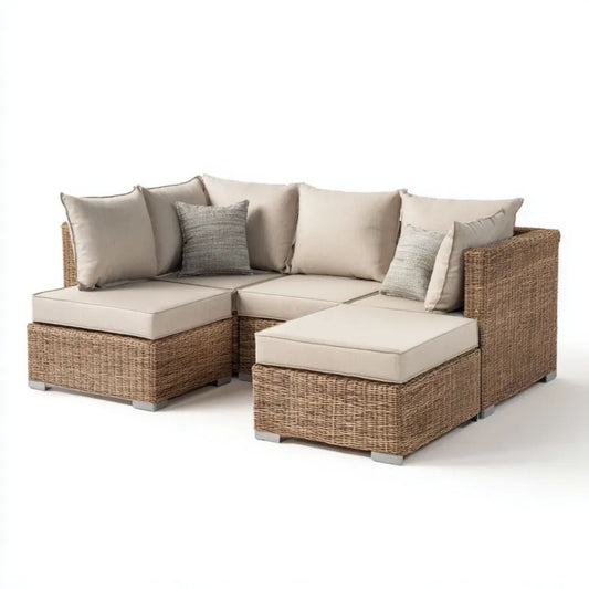 Modułowa ogrodowa sofa narożna 3-częściowa z technorattanu, naturalny brąz/beż, 220 × 220 × 85 cm