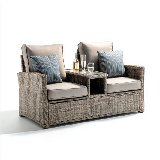 Dwuosobowa sofa ogrodowa z wbudowanym stolikiem z technorattanu i stali, szara, 152 x 75 x 90 cm