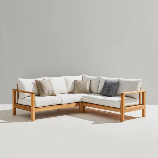Ogrodowa narożna sofa 4-osobowa z drewna akacjowego 230 x 230 x 75 cm, naturalny brąz i kremowy