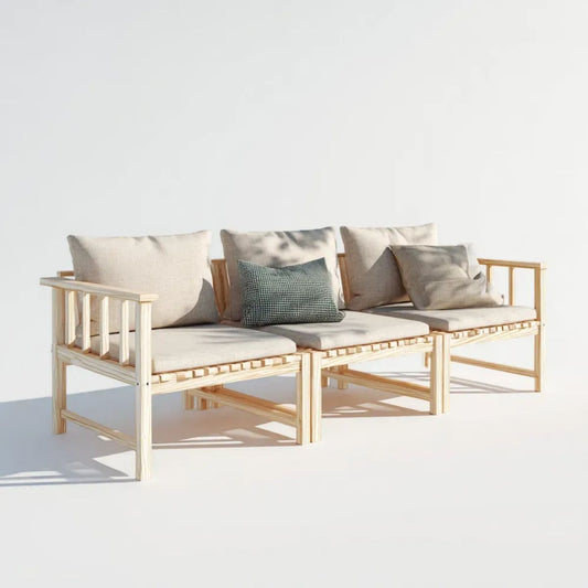 3-osobowa sofa ogrodowa z bambusa z beżowymi poduszkami, 250 x 75 x 70 cm