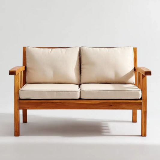 2-osobowa sofa ogrodowa z drewna akacjowego z beżowymi poduszkami, 130 x 70 x 78 cm