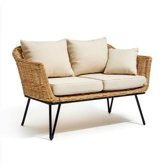 Dwuosobowa sofa ogrodowa z rattanu naturalnego beżowa 130 × 70 × 80 cm