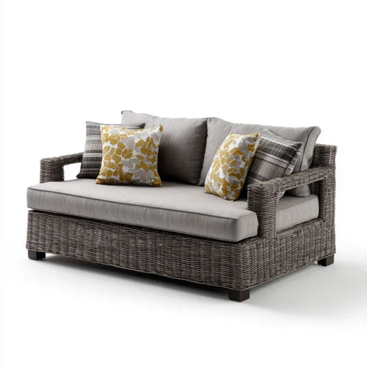 Dwuosobowa sofa ogrodowa z technorattanu i aluminium, szarobrązowa z jasnoszarymi poduszkami, 160 x 85 x 85 cm