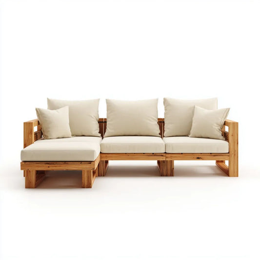 3-osobowa narożna sofa ogrodowa w kształcie L, drewniana, naturalny brąz/kremowa, 200 × 140 × 70 cm