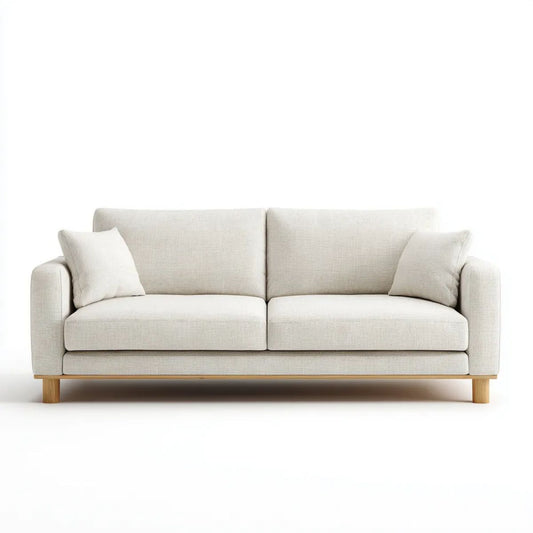 Trzyosobowa sofa tkaninowa kremowa z drewnianymi nogami, 210 x 90 x 85 cm