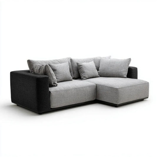 Szaro-czarna sofa narożna w kształcie L z prawostronnym szezlongiem, tapicerka poliestrowa, 250 × 160 × 85 cm