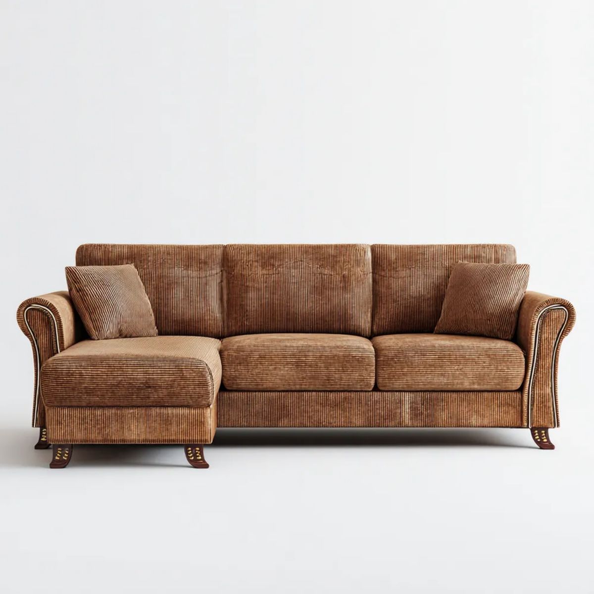 Brązowa sofa narożna z lewostronnym szezlongiem, tapicerowana sztruksem poliestrowym, 260 x 155 x 92 cm