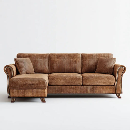 Brązowa sofa narożna z lewostronnym szezlongiem, tapicerowana sztruksem poliestrowym, 260 x 155 x 92 cm