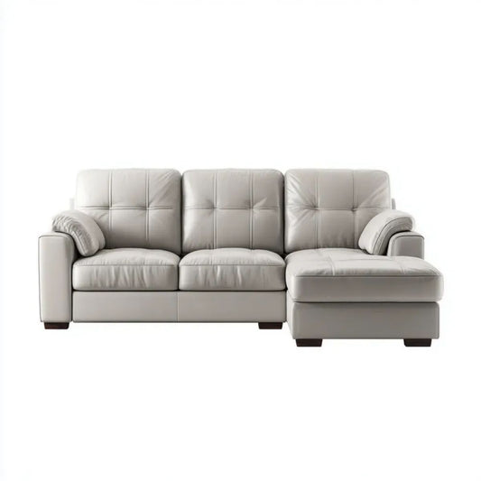 Jasnoszara sofa narożna z prawym szezlongiem, tapicerka PU, 250 x 160 x 88 cm