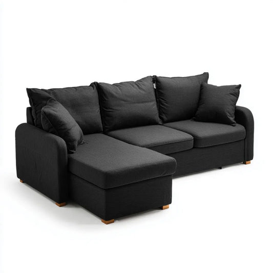 Czarna sofa narożna w kształcie L z lewostronnym szezlongiem, tapicerowana poliestrem, 240 x 155 x 85 cm