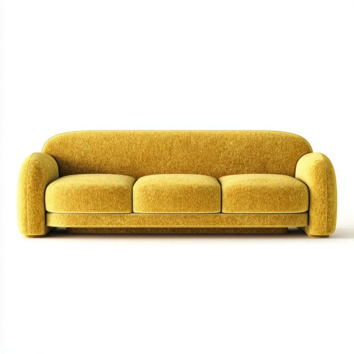 Trzyosobowa sofa musztardowa z tapicerką poliestrową, zaokrąglona, 220 x 82 x 95 cm