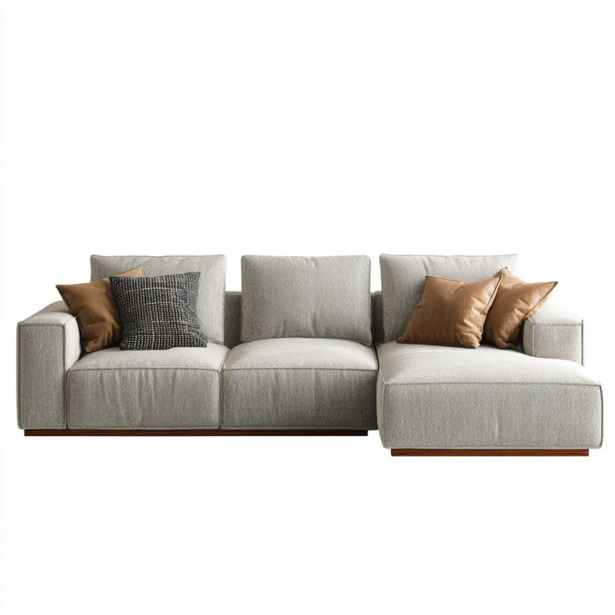 Beżowa sofa narożna w kształcie L z prawostronnym szezlongiem, tapicerowana tkaniną, 300 × 170 × 85 cm