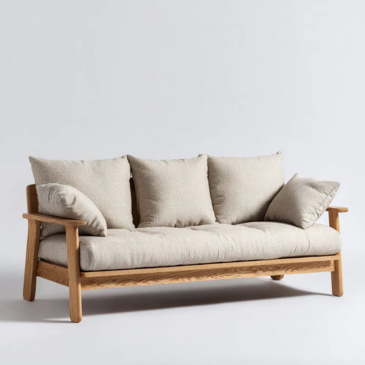 Trzyosobowa sofa beżowa z tapicerką poliestrową i ramą z litego drewna dębowego, 180 × 78 × 78 cm