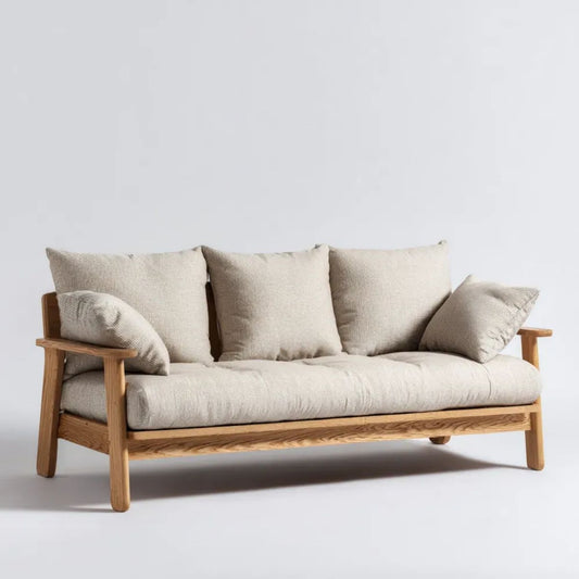 Trzyosobowa sofa beżowa z tapicerką poliestrową i ramą z litego drewna dębowego, 180 × 78 × 78 cm